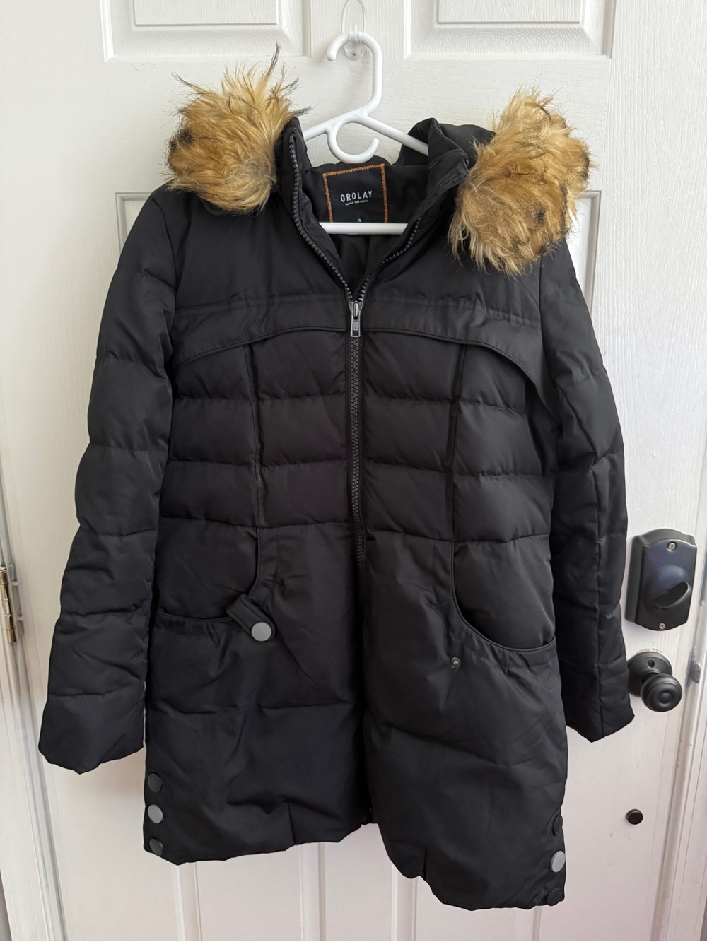OROLAY Black Faux-Fur Trim Hooded Puffer Coat
